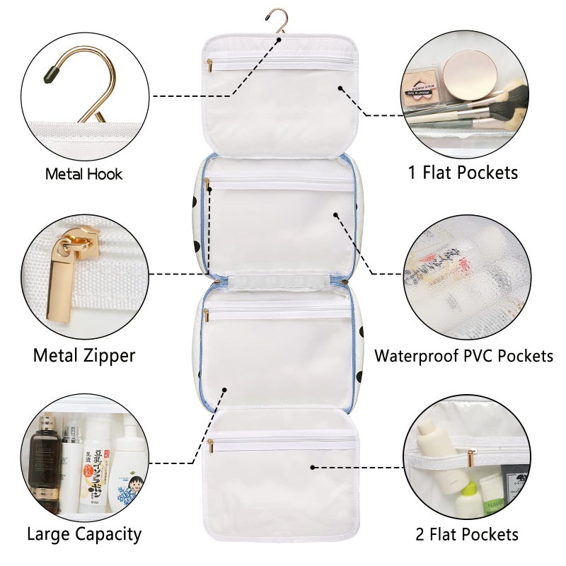 Bosidu Toiletry bag for Women Hanging Travel Toiletry Bag for Toiletries Polka Dots Pattern Toilery Organizer with Hanging Hook Ideal for Full Sized Toiletries and Cosmetics - Image 5